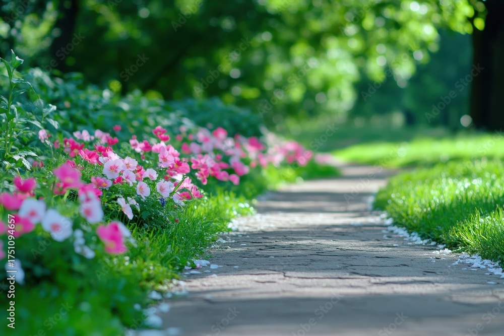 Fototapeta premium A Scenic Pathway Adorned with Vibrant Blooming Flowers Perfect for Outdoor Event Invitations and Nature-Themed Projects