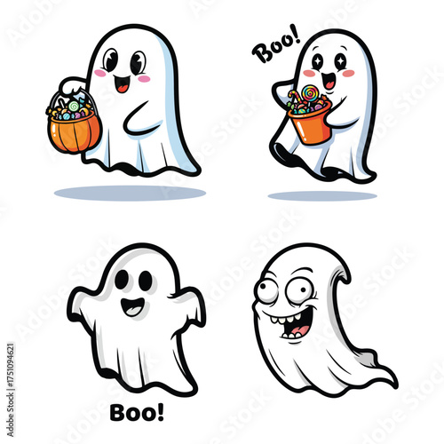 Cartoon ghosts for halloween with candy and spooky faces