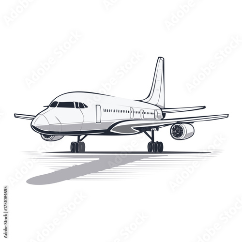 Modern airplane parked on landing gear with detailed engines and wing design on white background
