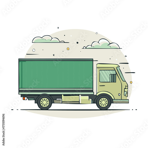 Green delivery truck moving quickly with motion lines and stylized clouds in a simple flat design