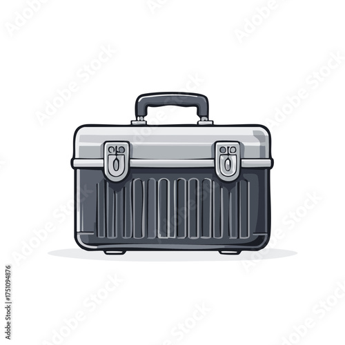 Illustration of a grey toolbox with handle and locking latches