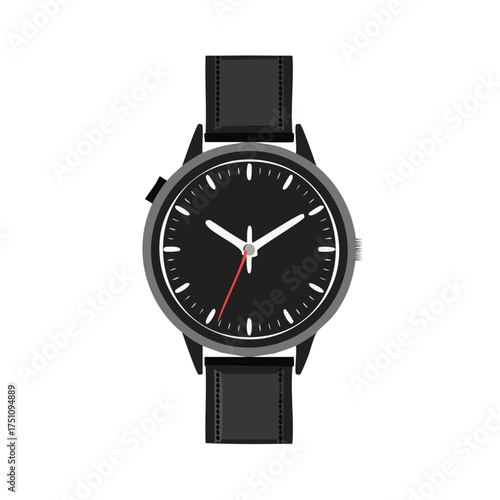 Stylish wristwatch showing the time. Black dial with white hour markers and hands, red second hand, and leather strap.