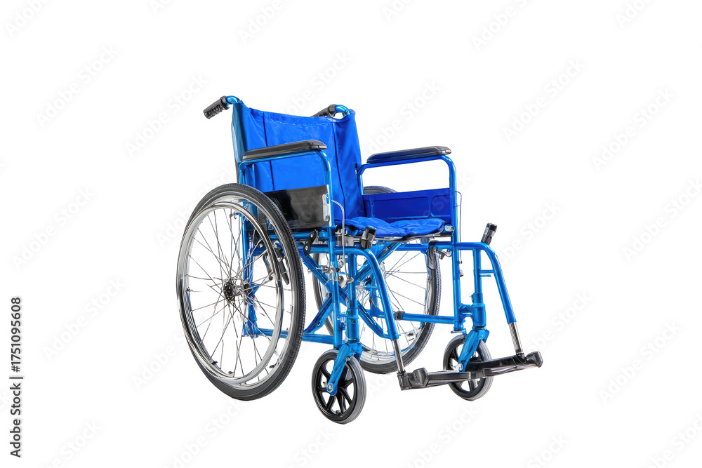 Fototapeta premium A blue wheelchair with a black background and side view of the mobility device