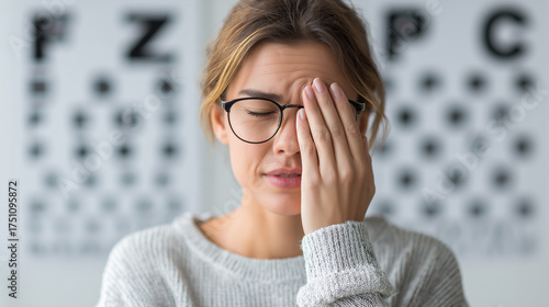 Young woman wearing glasses covering one eye, displaying discomfort during an eye exam with a blur vision chart