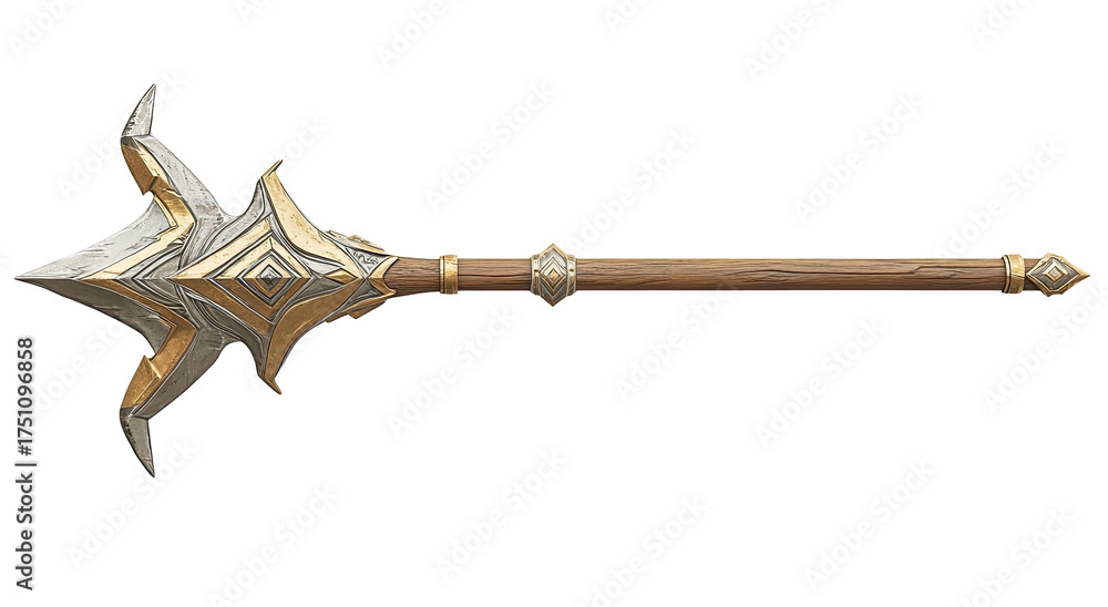 Naklejka premium Ornate silver and gold star-shaped mace with a wooden handle weapon detail