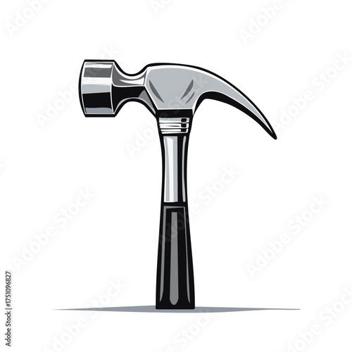 Illustration of a claw hammer with a silver head and black handle for construction or carpentry needs