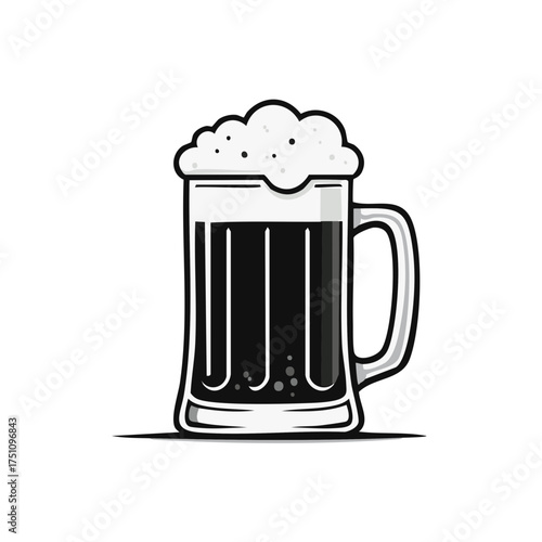 Dark beer mug illustration, black beer in a glass with white foam, beverage in vector design, ale drink in cartoon graphic style