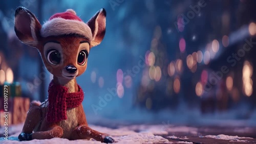 Adorable young deer in Santa hat and red scarf, lying in a magical snowy winter wonderland with blurred festive lights.