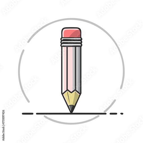Pencil writing a line for education or drawing with eraser and round design element.