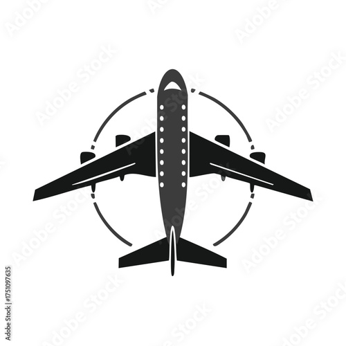 Modern jet airplane silhouette in circular orbit pathway