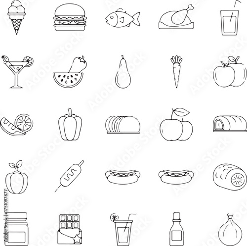 Assorted Food and Drink Icons in Outline Style ice cream cone hamburger