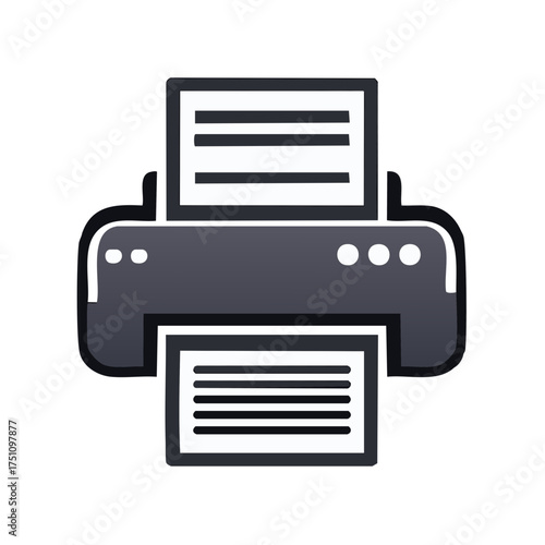 Stylized gray printer icon with paper, symbolizing document printing, office automation, and technology.