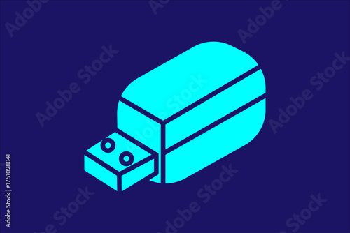 The image shows a minimalist, isometric illustration of a USB flash drive. The flash drive is designed in a bright turquoise blue color with clean dark blue outlines,set against a dark navy background
