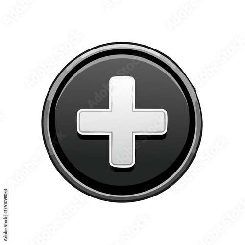 Glossy black round add button icon with a white plus symbol for user interface design