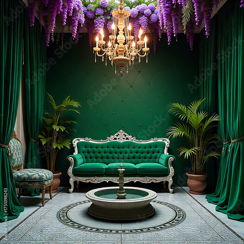 Emerald Reverie A Royal Lounge Bathed in Green and Purple Splendor