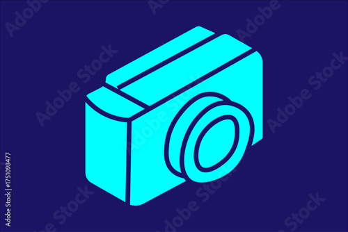 The image depicts a minimalist, isometric illustration of a digital camera. The camera is illustrated in a bright turquoise color with bold dark blue outlines, set against a dark navy blue background.