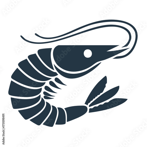 Dark Blue Silhouette of a Shrimp Icon Minimalist Seafood Illustration