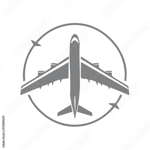 Stylized jet airplane illustration in a circular motion arrow emblem representing travel and aviation services
