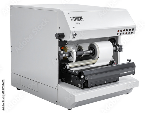 Automatic Label Dispenser Machine Industrial White Gray Side View transparent background.