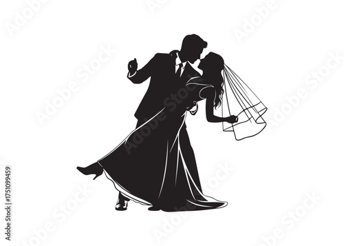 Vector art of silhouette of a bride and groom dancing