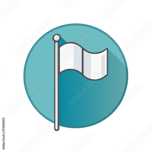 White flag graphic illustration on blue circle. Symbol for surrender, truce, or signaling neutrality, isolated