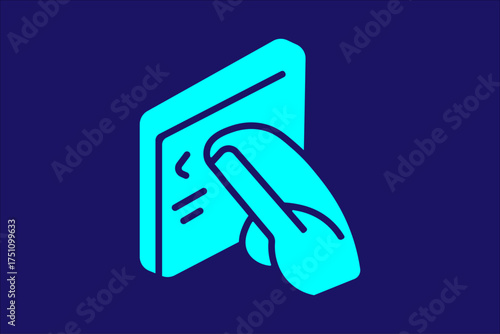 The image features a stylized, vibrant cyan/aqua icon set against a dark blue or indigo background.