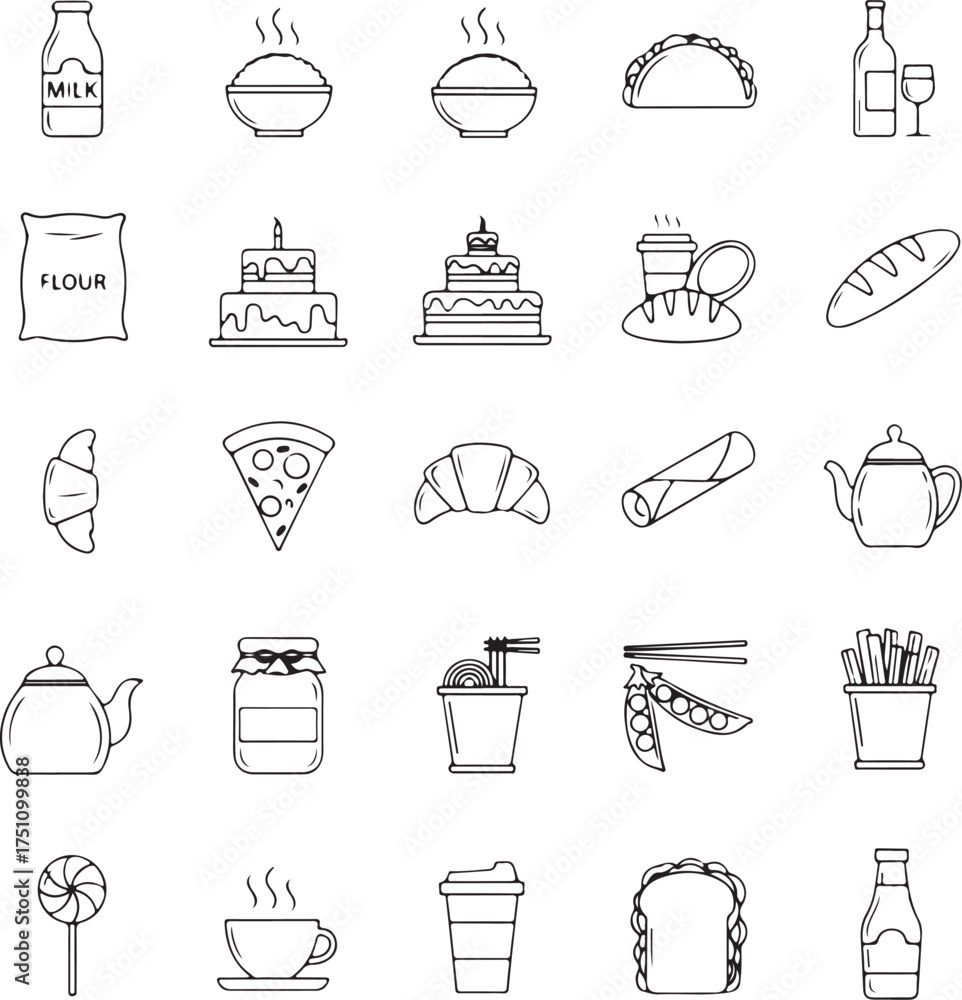 Naklejka premium Assortment of Food and Drink Icons in Outline Style milk bottle rice bowl
