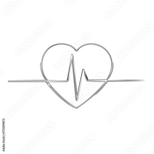 Continuous one line drawing of a heart with a heartbeat EKG wave sketch. Medical cardiology health icon.