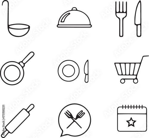 Simple black and white line icons depicting cooking and dining elements