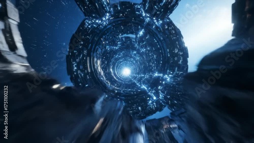 Flying Through Futuristic Space Station Tunnel With Glowing Lights
