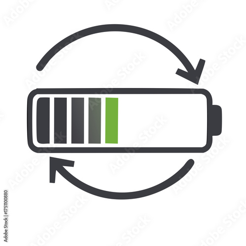 Partially charged battery icon with circular arrows representing recharging and energy cycle