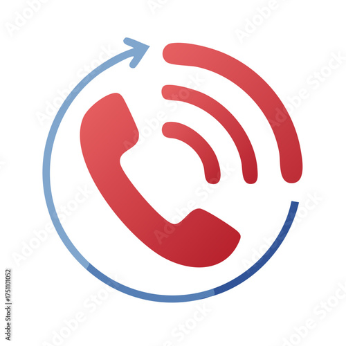 Red telephone receiver icon with blue circular arrow and sound waves communication symbol