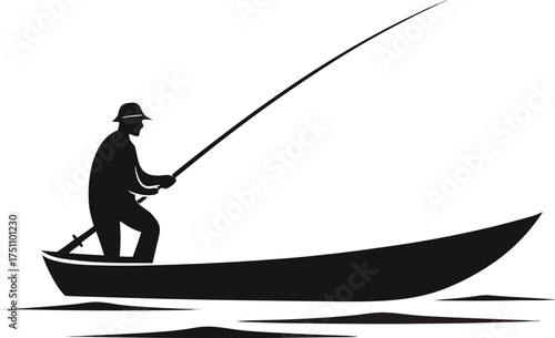 Silhouette of a fisherman casting a line from a boat