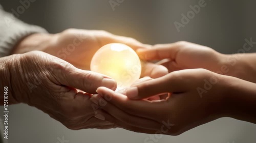 Hands of Young and Old Person Holding Light Orb Together