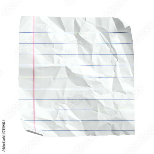 Crinkled, isolated sheet of lined paper with a red margin, on a black background