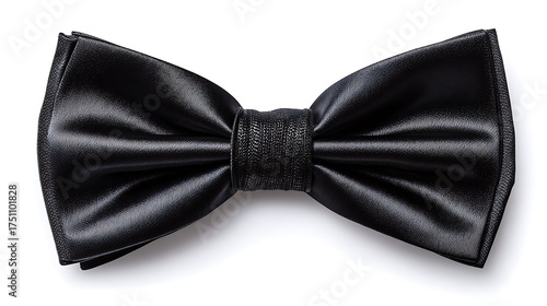 A close up shot of a shiny black bow tie on a white background surface