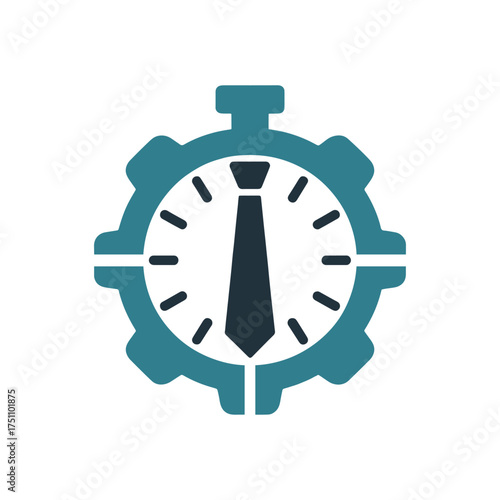 Teal and navy blue gear clock with tie symbol on white background business