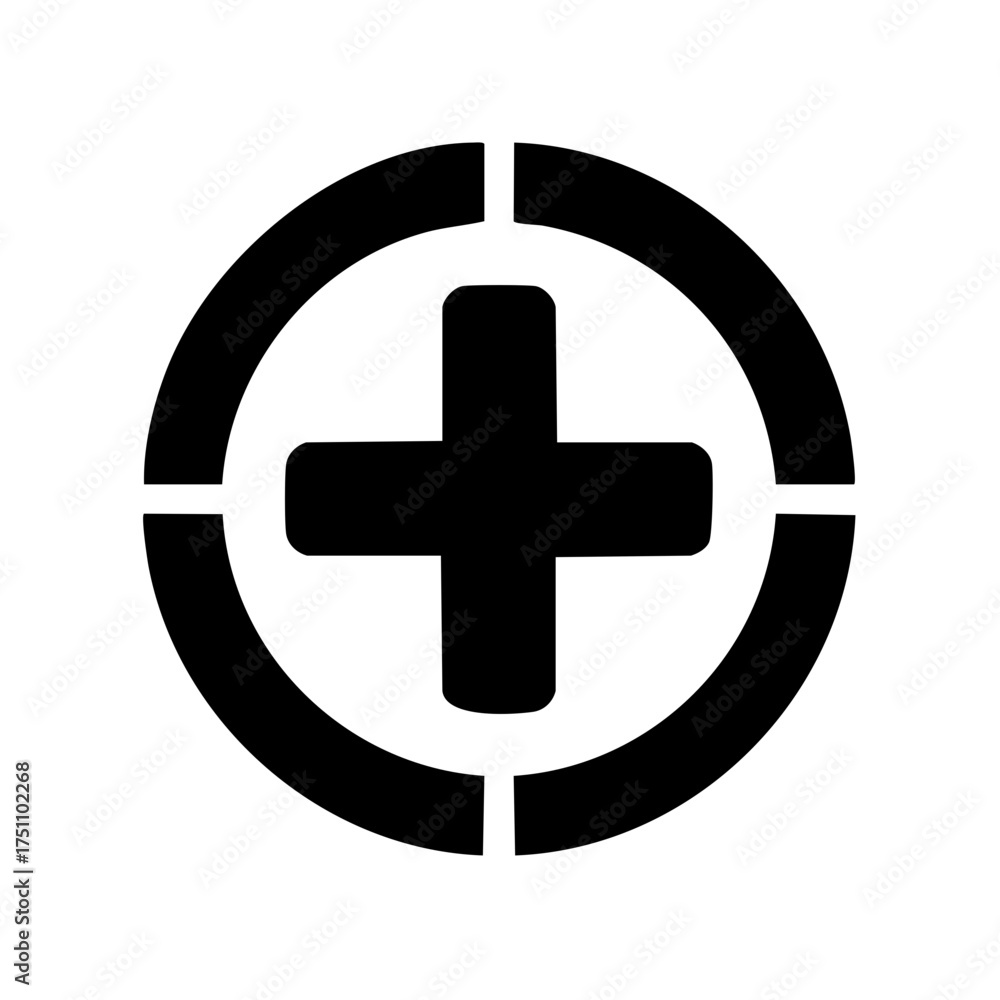 Obraz premium Black and white medical symbol with plus sign and surrounding circle design.