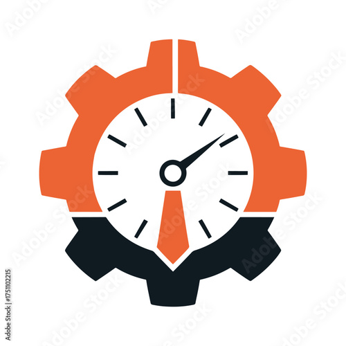 Orange and dark blue gear with clock face and tie graphic time