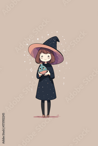 kawaii witch with oversized hat holding a smiling potion bottle vector illustration