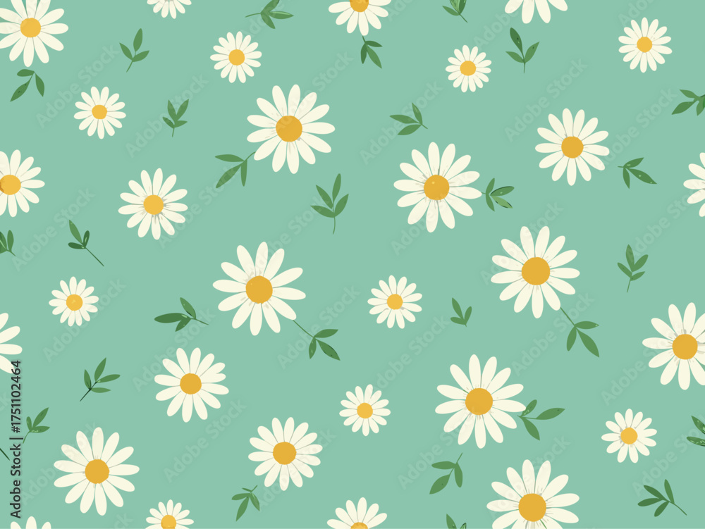 Obraz premium Seamless pattern of white daisies and green leaves on a teal background
