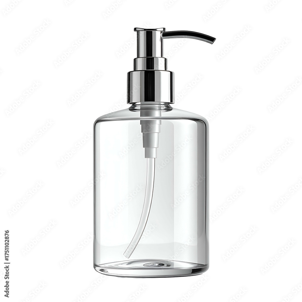 Obraz premium Clear rectangular bottle with a chrome pump dispenser, isolated on a black background