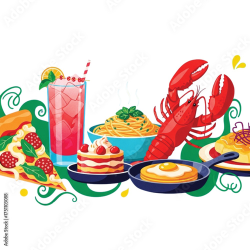 A Feast of Delicious Food and Drinks on a White Background untitled vector