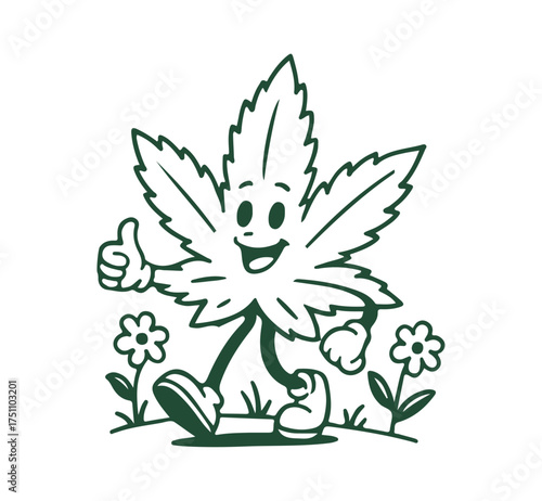 Cartoon leaf character strolling with a thumbs up in field illustration GAZA LEAF
