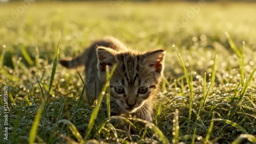 Cute Kitten Walking Through Grassy Field at Sunrise
