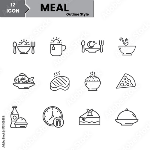 Meal Outline Icons Set - 12 Food, Breakfast, Lunch, Dinner Symbols