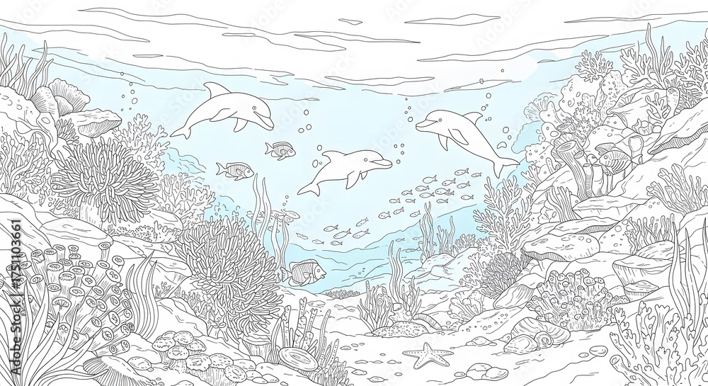 Fototapeta premium Underwater scene with dolphins, fish, coral reefs, and starfish in a vibrant ocean ecosystem.