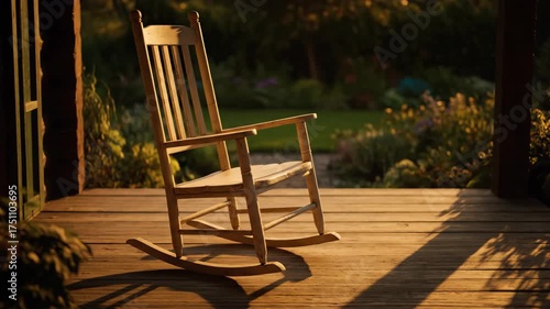 Wooden rocking chair on a porch bathed in warm sunlight at dusk