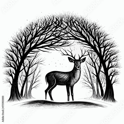 Deer standing under a winter arc of bare trees in a tranquil forest setting
