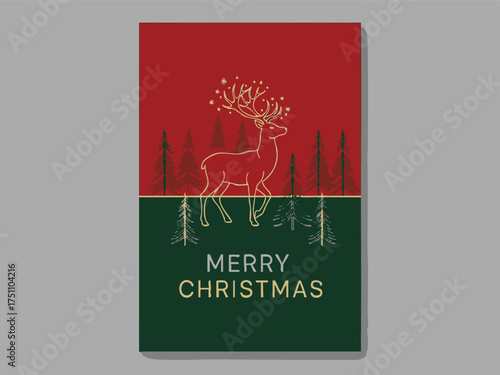 Festive golden line art reindeer and pine forest design for an elegant Christmas greeting card, showcasing a vibrant red and deep green holiday background